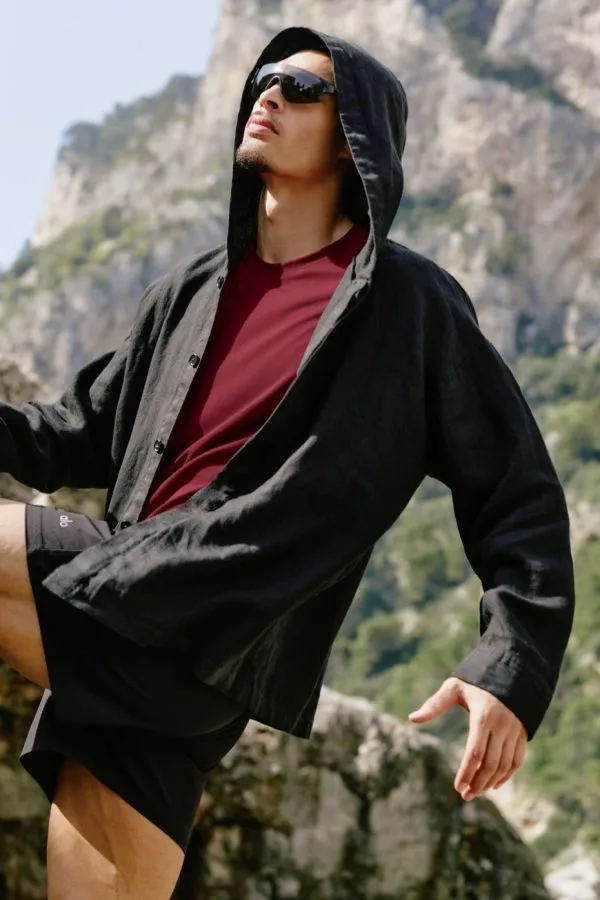 Linen Days Button Up Hoodie - Black