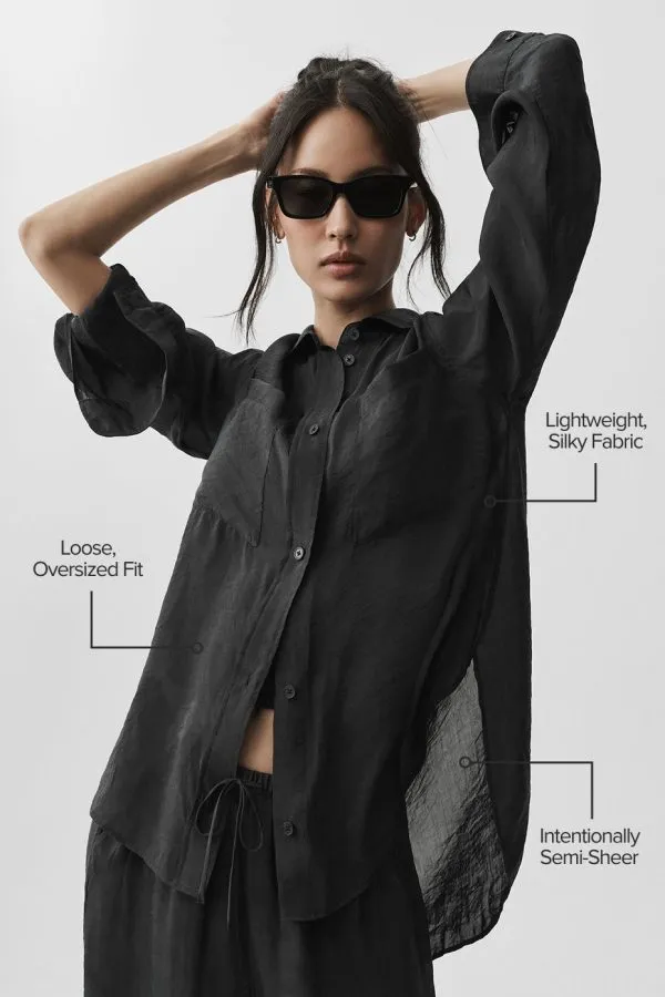Semi-Sheer Golden Hour Button Down Long Sleeve - Black