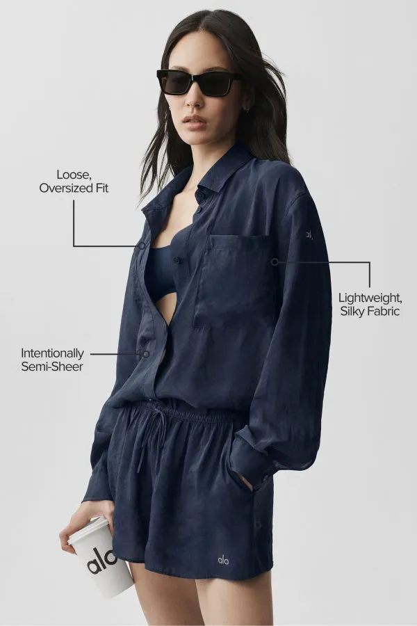 Semi-Sheer Golden Hour Button Down Long Sleeve - Navy