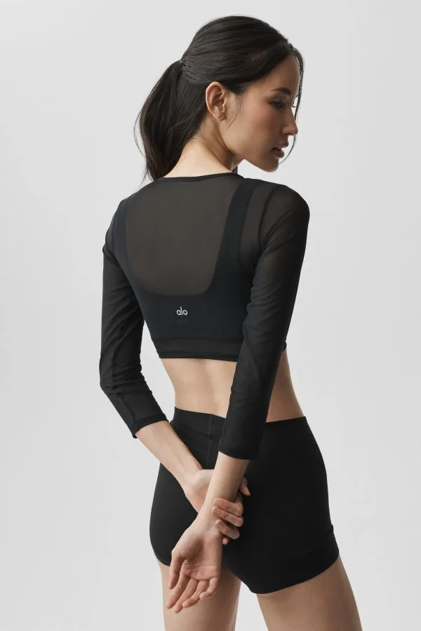Mesh Knotty 3/4 Sleeve Top - Black
