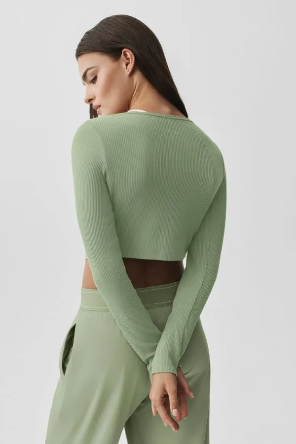 Ribbed Cropped Whisper Cardigan - Dune Grass