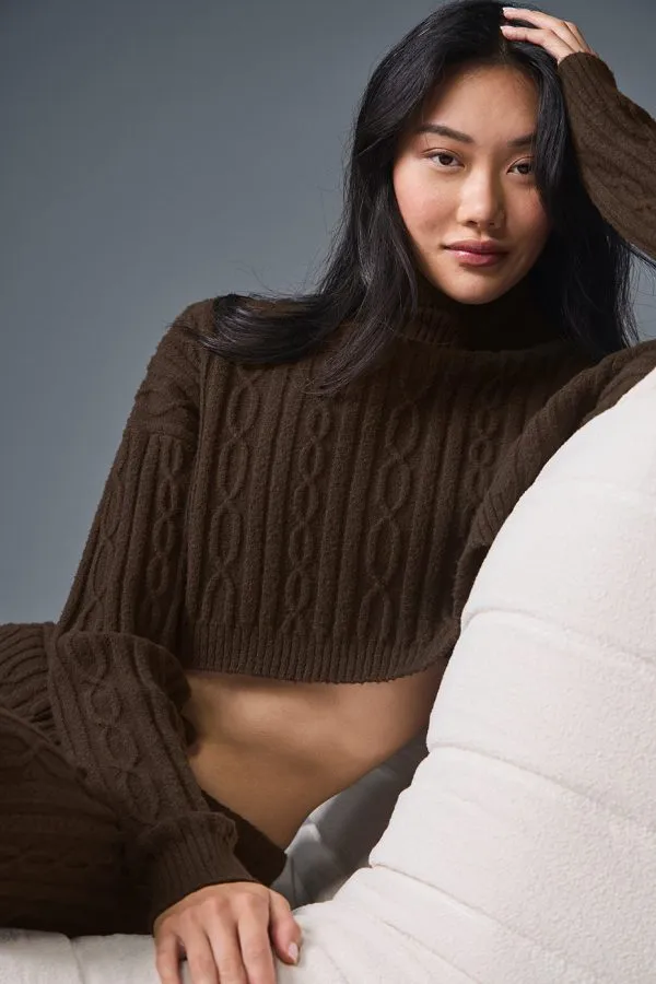Cable Knit Cropped Winter Bliss Turtleneck Long Sleeve - Espresso