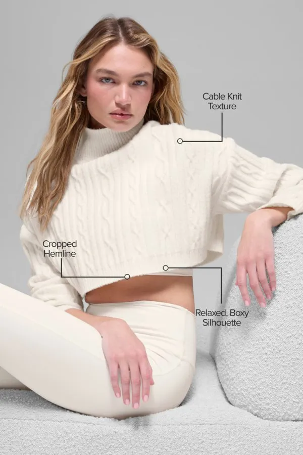 Cable Knit Cropped Winter Bliss Turtleneck Long Sleeve - Ivory